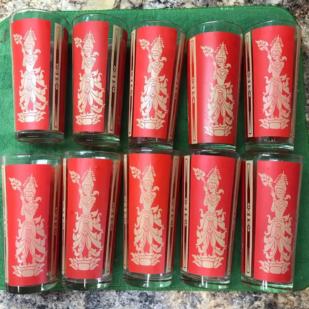 10 Vint Culver Federal Siam Thai Red/Gold Bollywood Goddess Glass Tumblers 61/2”